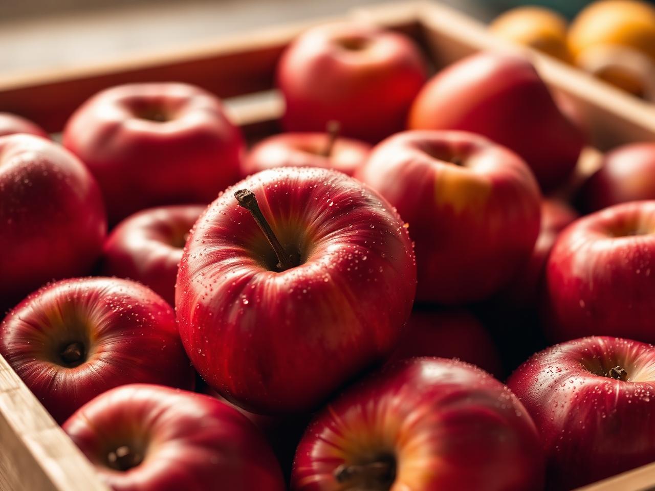 Fresh red apples in a wooden crate