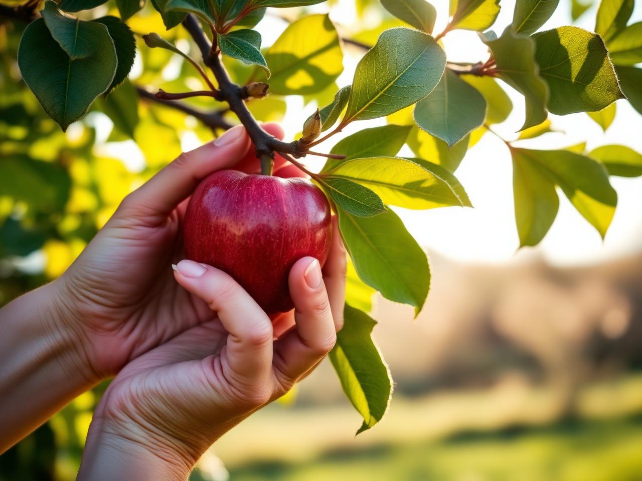 Hand picking a ripe apple