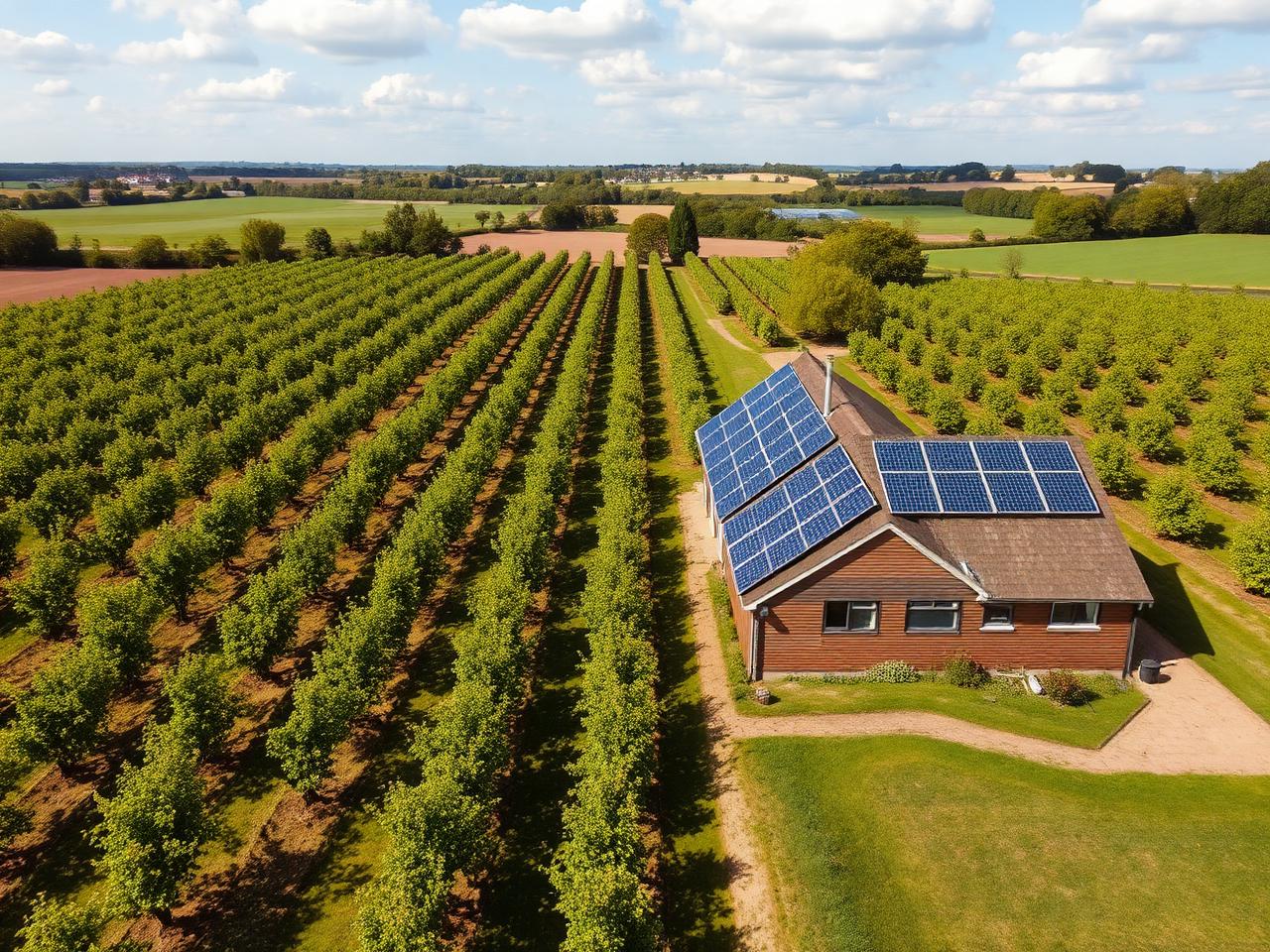 Aerial of orchard with solar panels